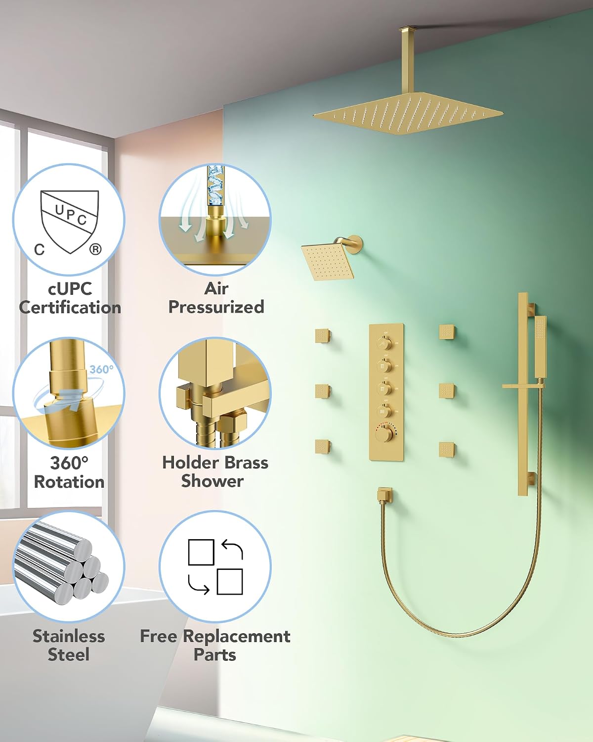 Dual Shower Heads Shower System: Aposhion Thermostatic Shower System - 16' & 6' Rainfall Shower Heads with Handheld Sprayer & 6 Body Massage Jets, Bathroom Shower Faucet Set with Valve, Brushed Gold