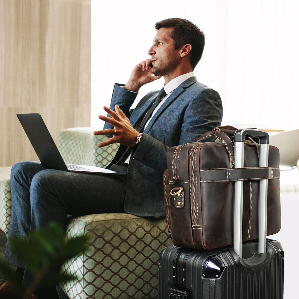 Polare 17' Full Grain Leather Laptop Briefcase Business Travel Laptop Carrying Case Shoulder Bag For Men Fits 17.3' Laptop