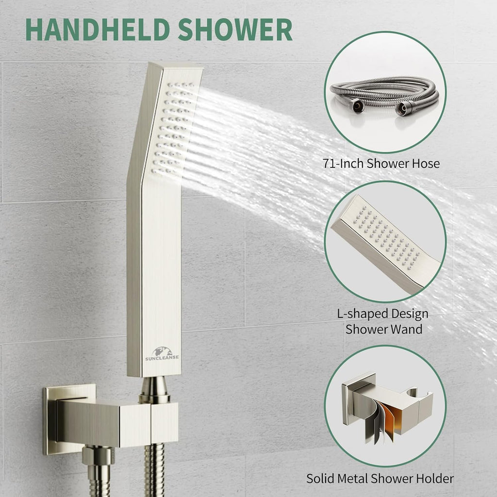 SunCleanse Rainfall Shower Faucet Set Brushed Nickel Shower Combo Set for Bathroom with High Pressure 10 inch Shower Head with Handheld Shower Valves Shower Head and Handheld Ceiling Mounted