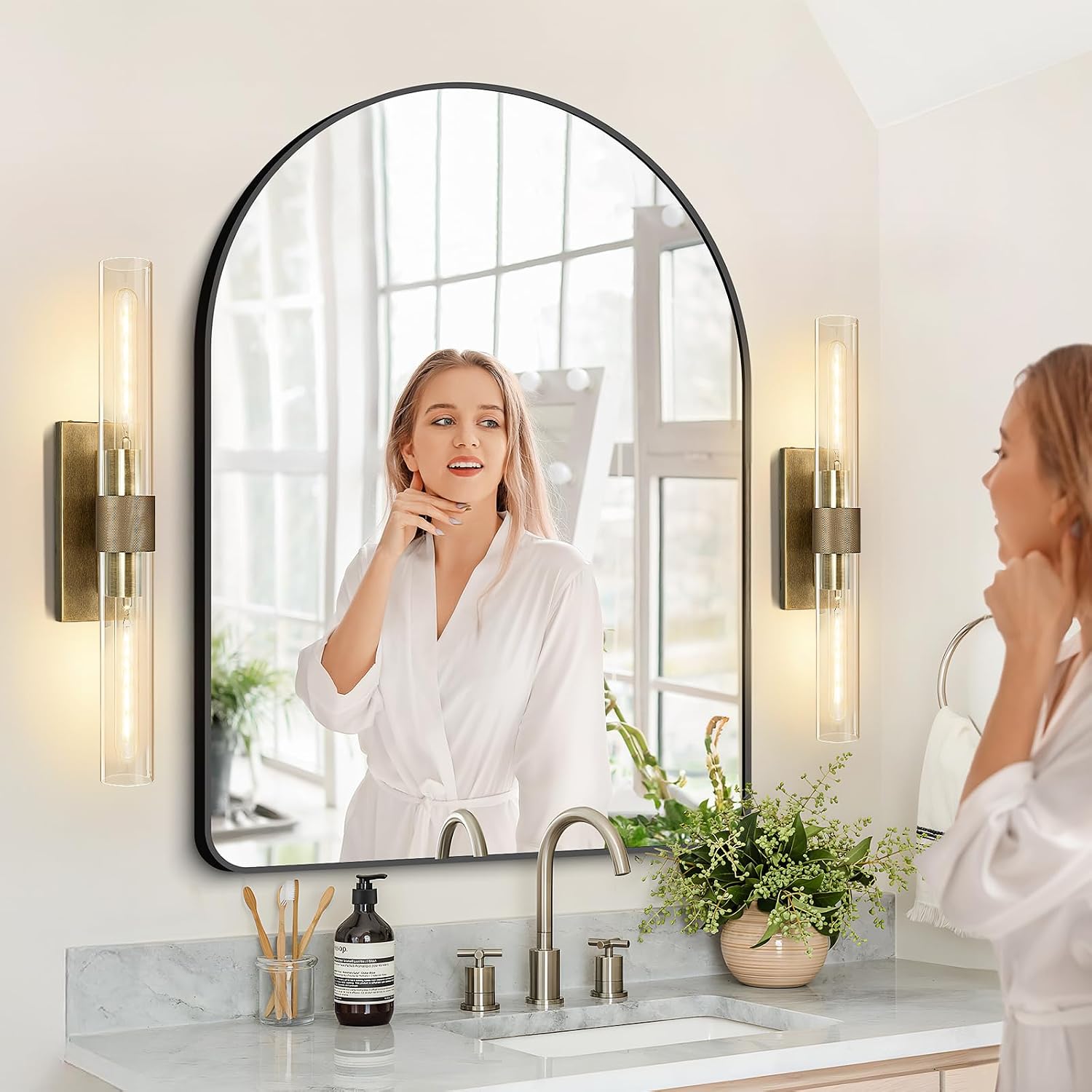 Wall Sconces Set of Two, Gold Bathroom Sconces Wall Lighting with Clear Glass, Modern Sconces Wall Decor Light Fixtures for Bathroom Mirror Living Room Hallway Bedroom