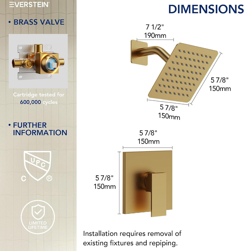 Square 6' High-Pressure Rainfall Shower Head, Wall Mount Shower Faucet with Pressure-balanced Valve, Brushed Gold