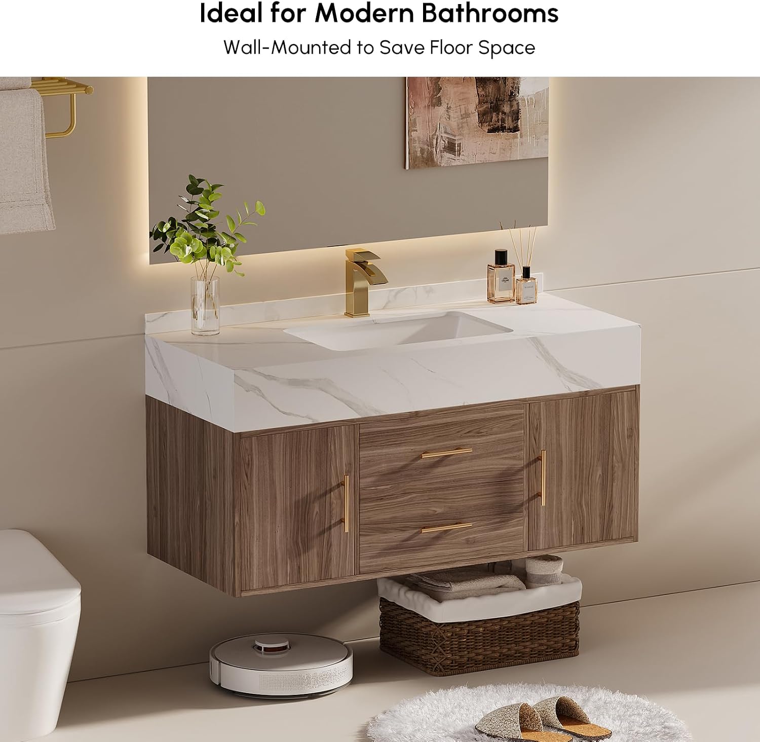 39.3' Floating Bathroom Vanity Set, Modern Wall-Mounted Vanity with Sintered Stone Countertop, Undermount Sink & Walnut Finish, Easy to Clean