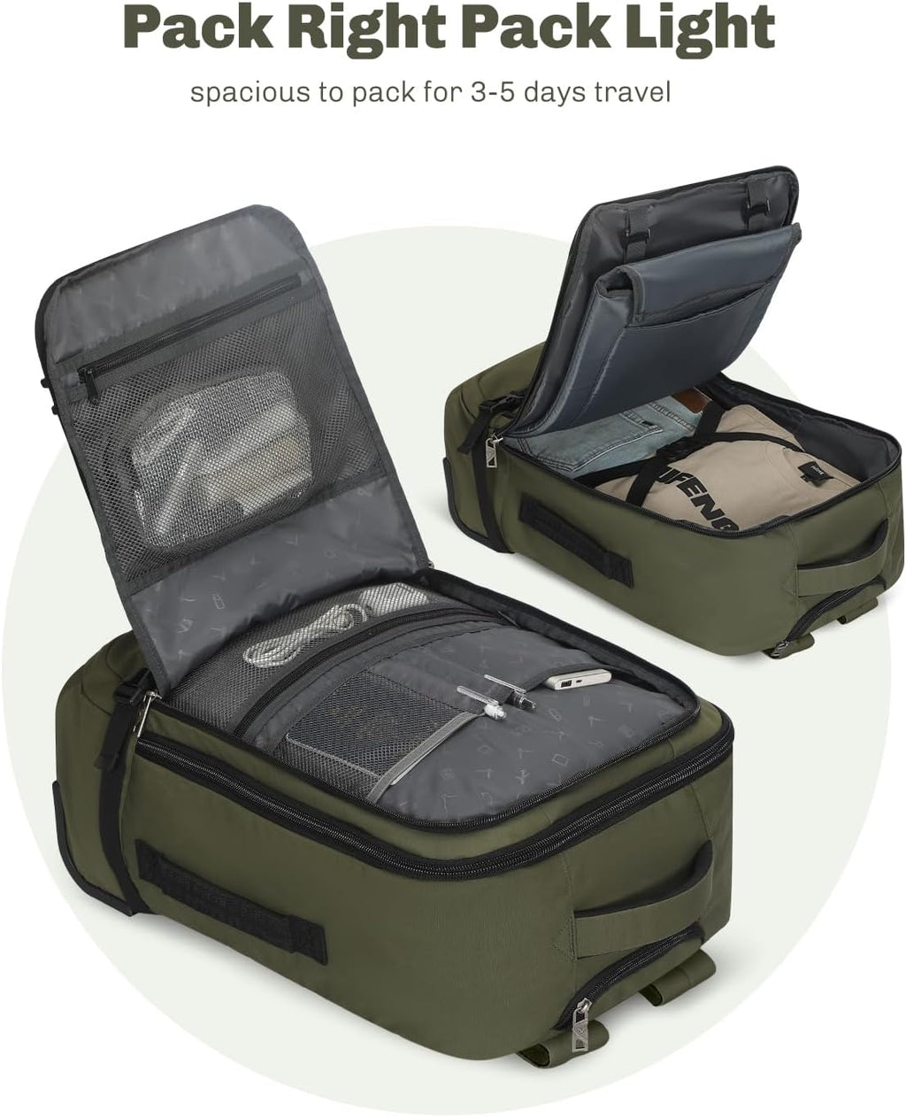 Hynes Eagle Rolling Backpack 42L Backpack with Wheels Airline Approved Carry on Luggage Laptop Travel Suitcase Bag for Women Men Dark Green