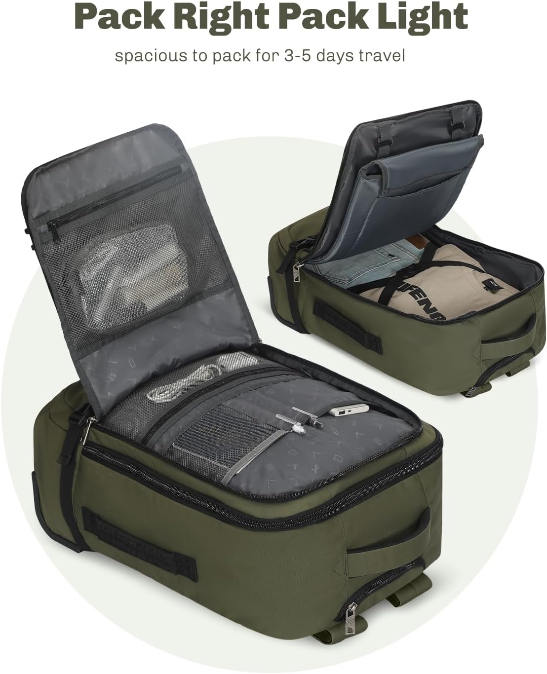 Hynes Eagle Rolling Backpack 42L Backpack with Wheels Airline Approved Carry on Luggage Laptop Travel Suitcase Bag for Women Men Dark Green