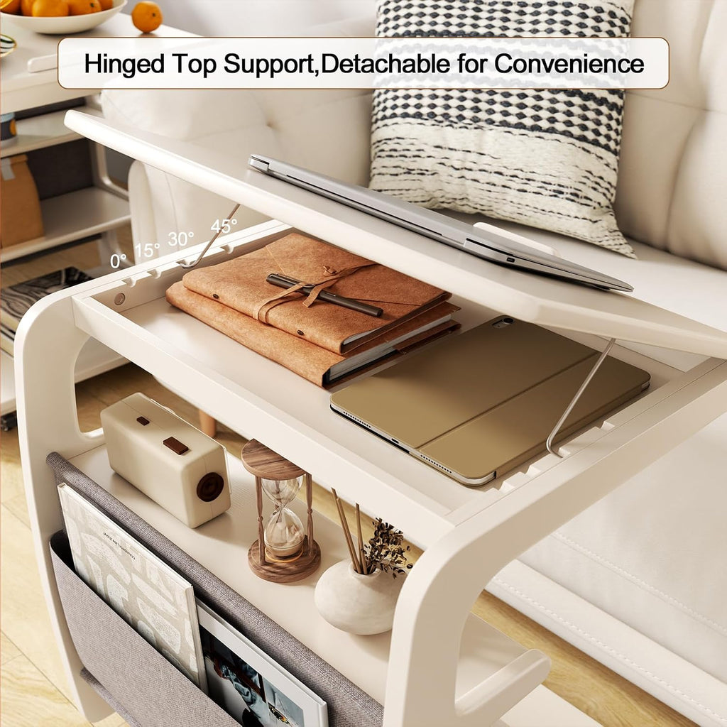 AQIMUELE Rolling Side Table, C Shaped End Table, C Table with 4 Wheels Solid Wood Small Rolling Desk with Adjustable Desktop,C Shaped End Table for Couch,Home Office(15.6' D x 23.6' W x 24.3' H)
