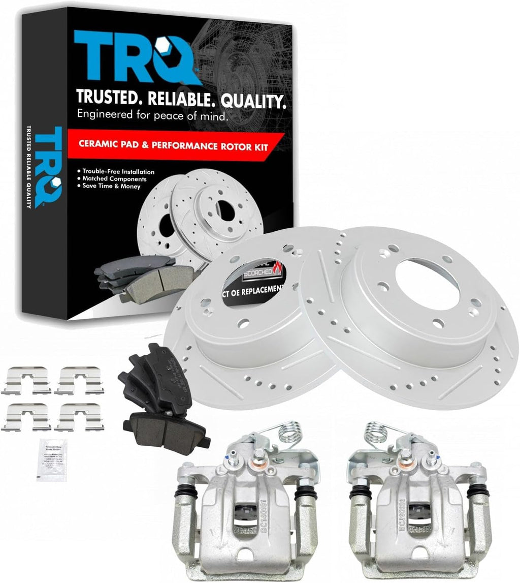 TRQ Performance Rear Brake Pad and Rotor Set Ceramic Slotted Drilled Coated Rotors Calipers Compatible with 2011-2016 Hyundai Elantra 2013-2014 Elantra Coupe