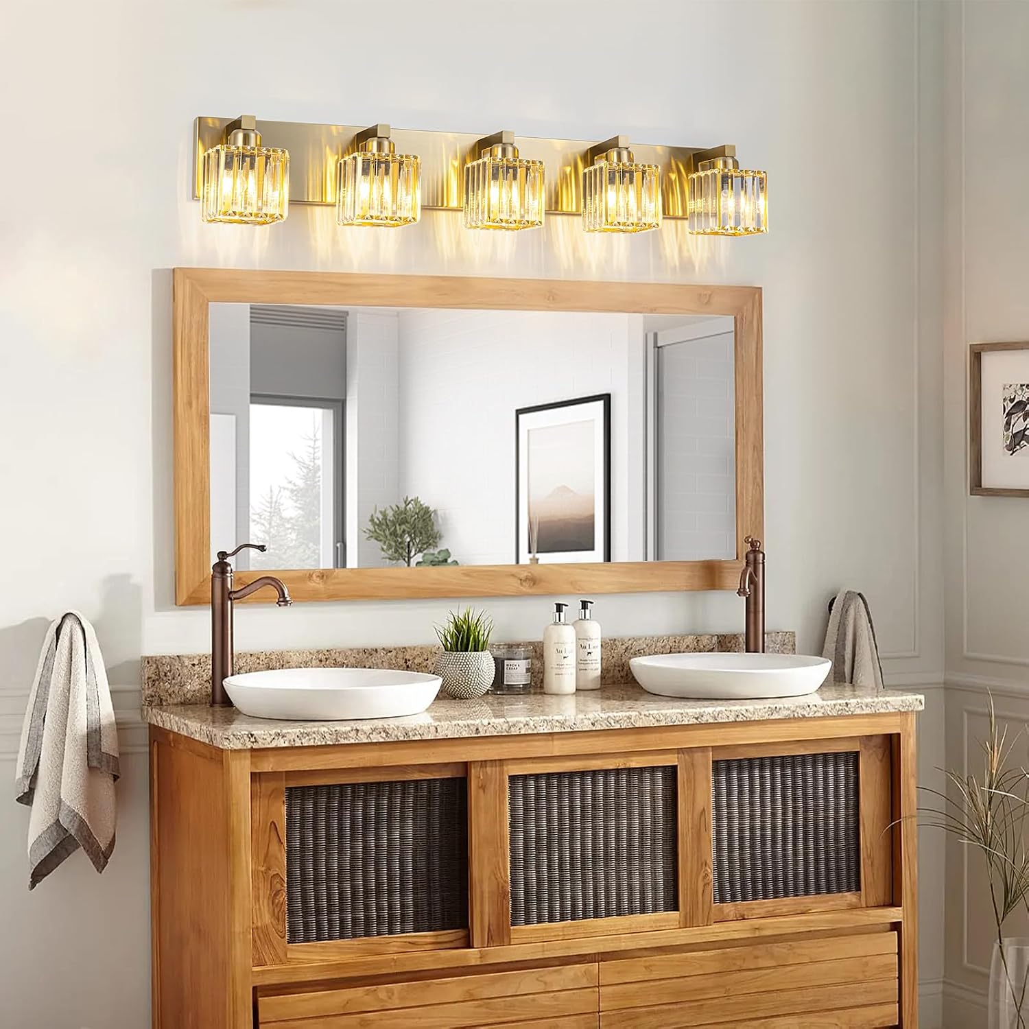 Gold Crystal Bathroom Vanity Lights, 5 Lights Bathroom Lighting Fixtures Over Mirror Modern Gold Crystal Wall Light with Square Shade