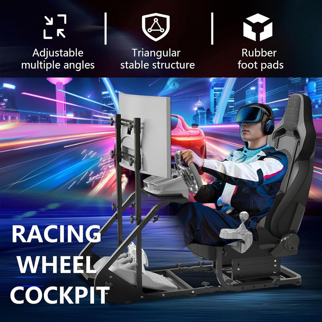 Racing Simulator Cockpit with Monitor Mount and Seat,Sim Racing Cockpit Compatible with Fanatec,PXN,Thrustmaster and Logitech Adjustable Driving Simulators,Excluding Handbrake, Pedals & Monitor (Black)