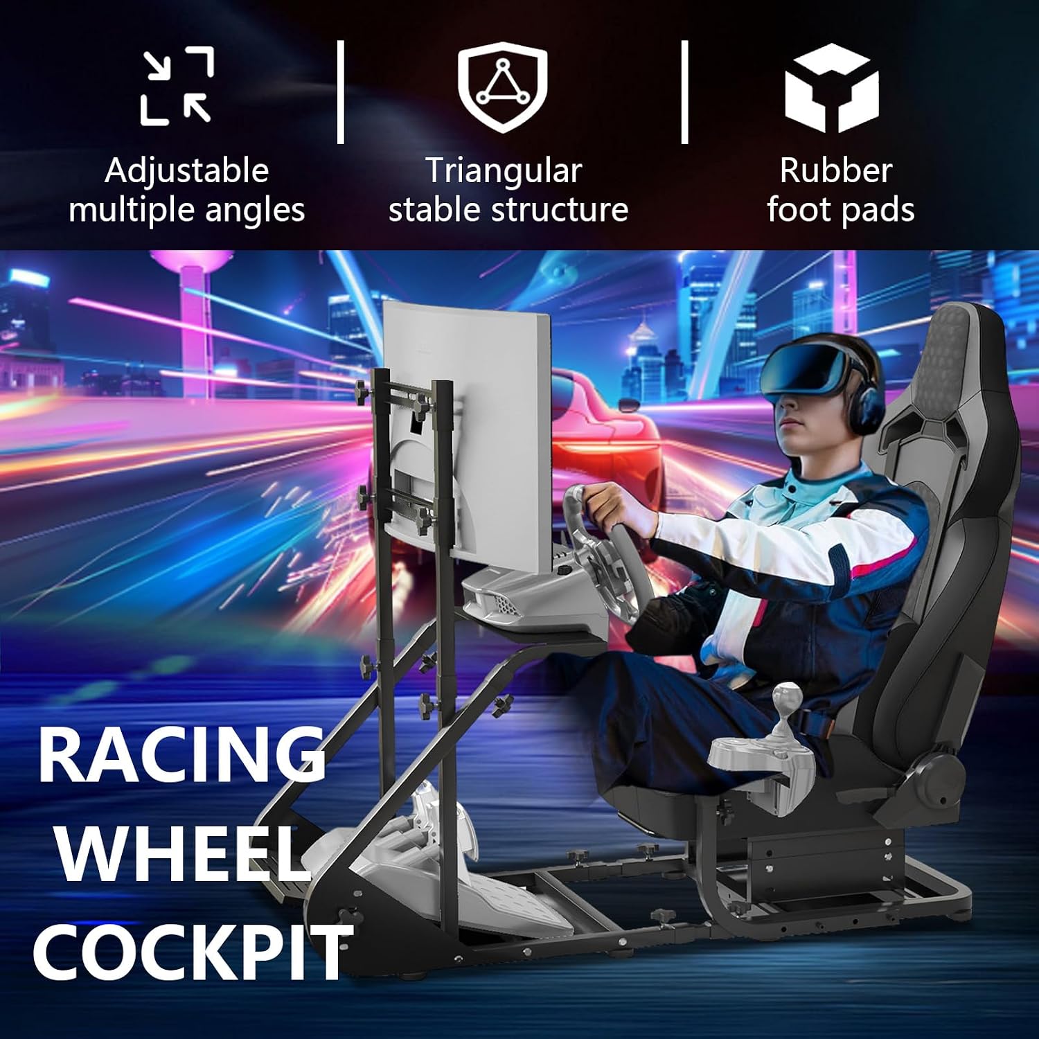Racing Simulator Cockpit with Monitor Mount and Seat,Sim Racing Cockpit Compatible with Fanatec,PXN,Thrustmaster and Logitech Adjustable Driving Simulators,Excluding Handbrake, Pedals & Monitor (Black)