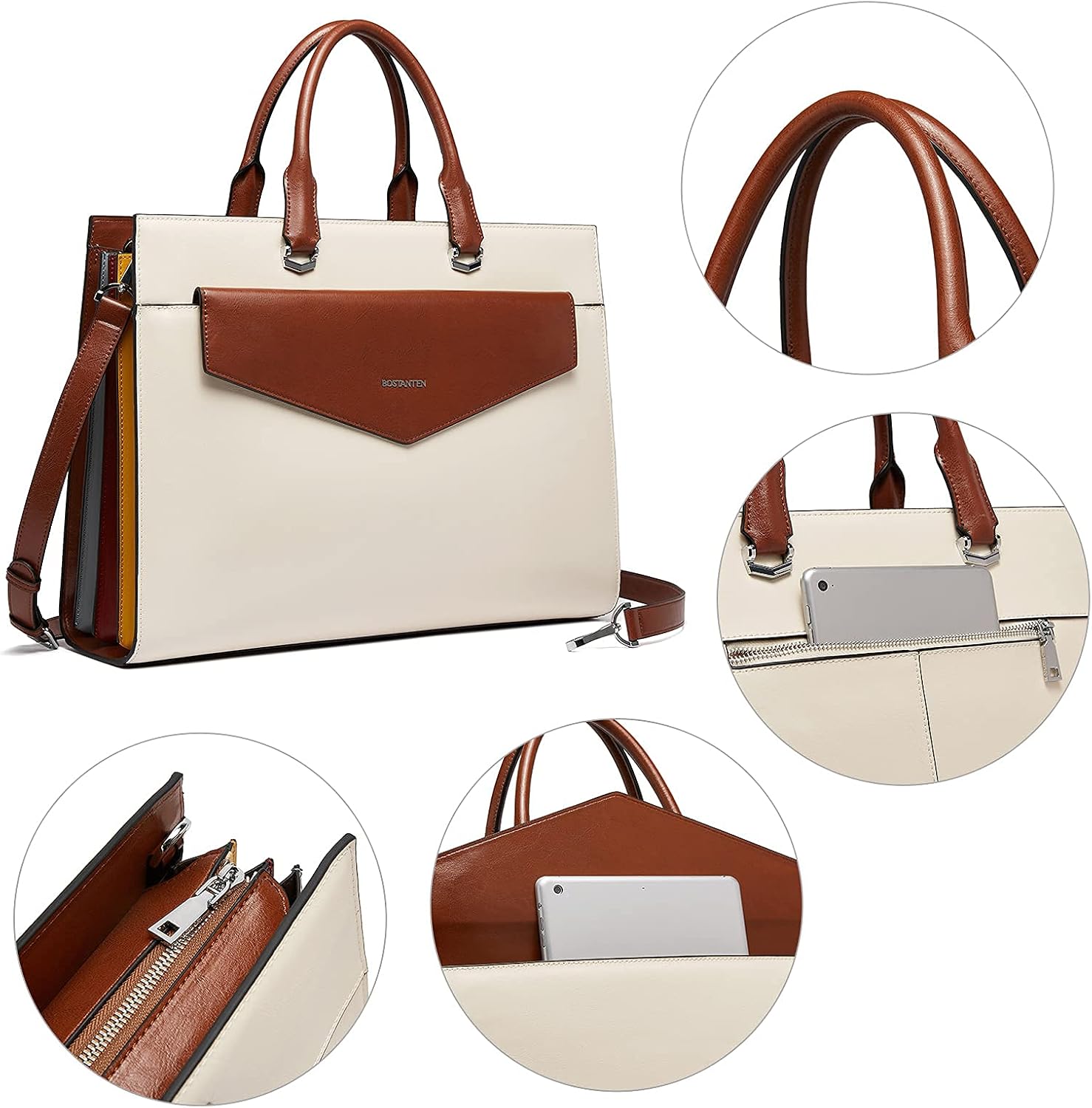 BOSTANTEN Briefcase for Women Laptop Tote 15.6 Inch Genuine Leather Handbag Work Bag Beige