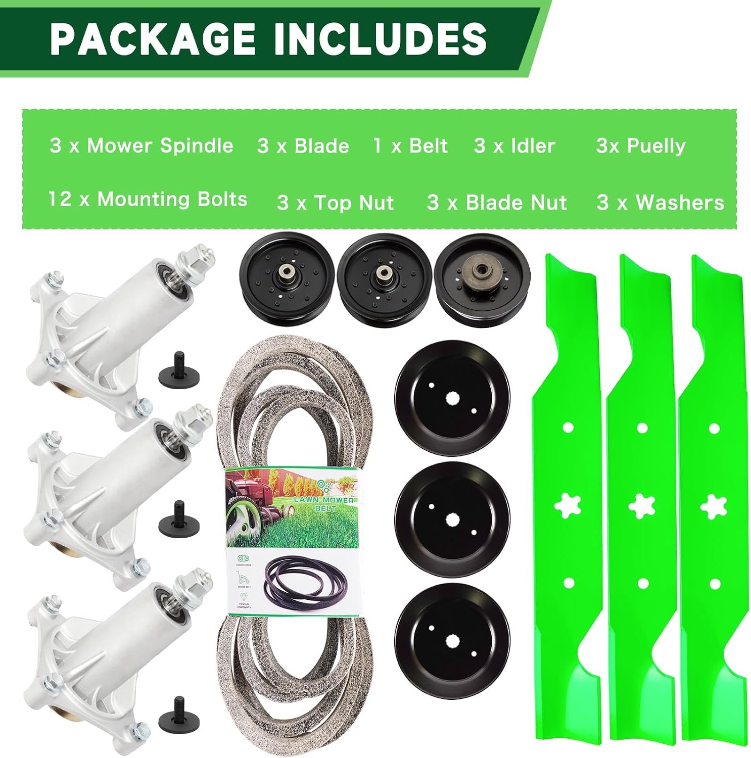 54' Mower Deck Rebuild Kit Fit for Husqvarna LGT2554 YTH2454 YTH25K54 GTH26K54 Lawn Mower Includes 3 Spindles 187292 3 Blades 187254 3 Pulley 153535 3 Idler 196104 196106 1 Belt 196103