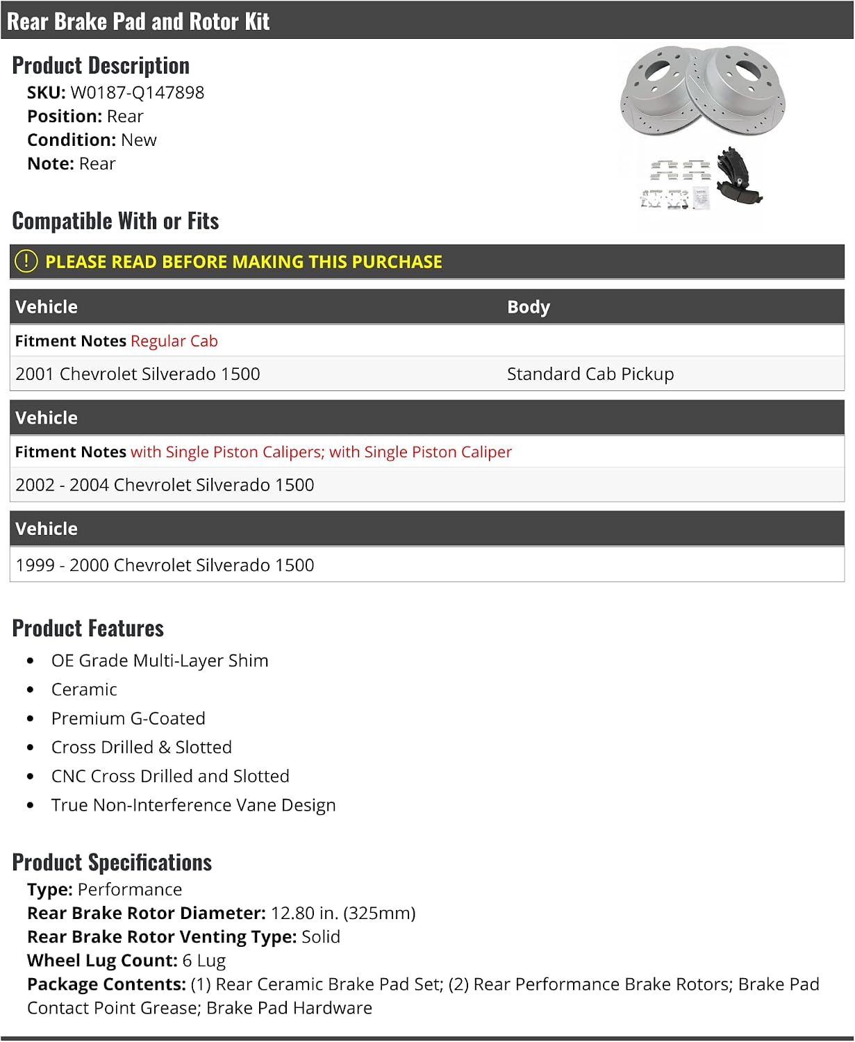 Rear Ceramic Brake Pads and Cross Drilled and Slotted Rotor Kit - 6 Lug - Solid Rotors - Compatible with 1999-2004 Chevy Silverado 1500 Standard Cab Pickup