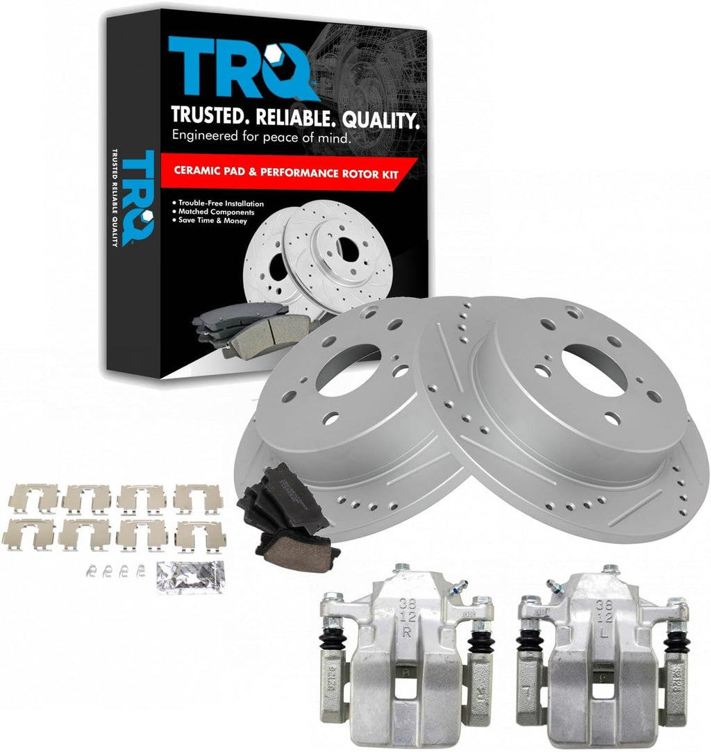 TRQ Performance Rear Brake Pad and Rotor Set Ceramic Drilled Slotted Coated Rotors Calipers Compatible with 2012-2018 Toyota RAV4