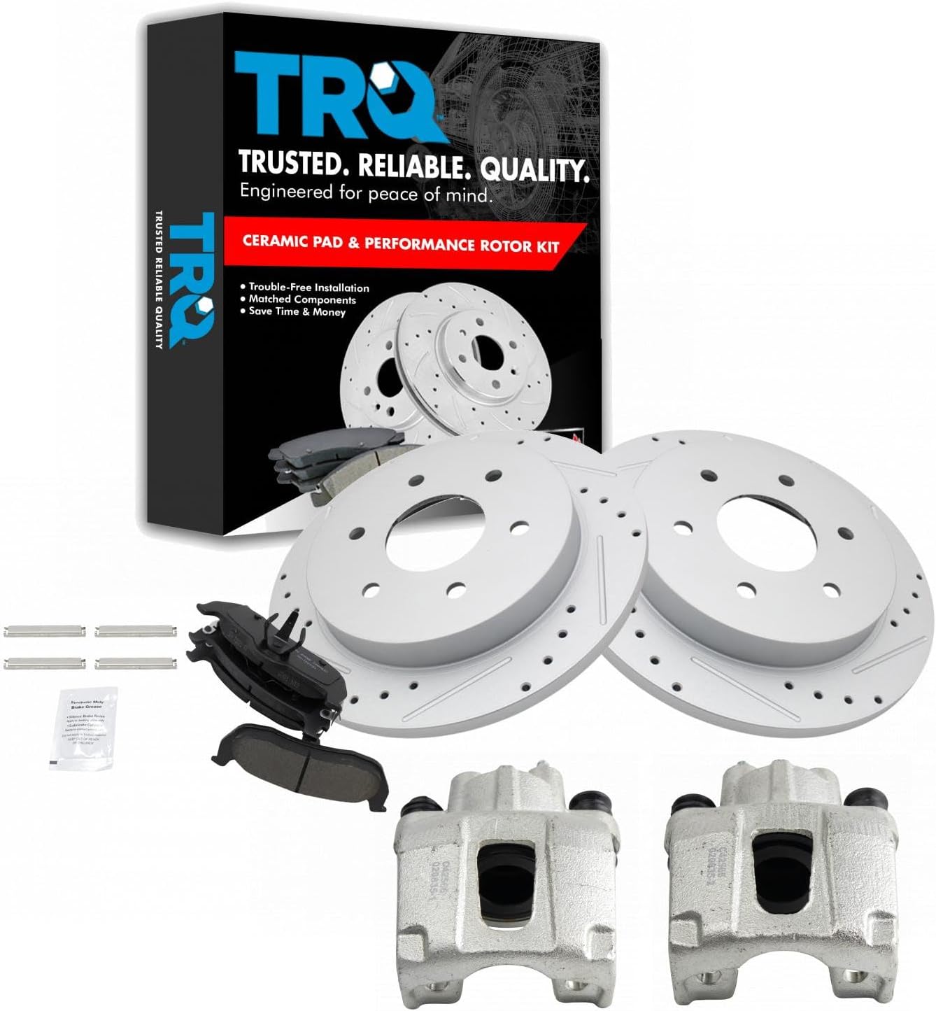 TRQ Performance Rear Brake Pad and Rotor Set Ceramic Coated Drilled Slotted Vented Rotors Calipers Compatible with 04-10 Infiniti QX56 05-15 Nissan Armada 2004 Nissan Pathfinder Armada 04-15 Titan