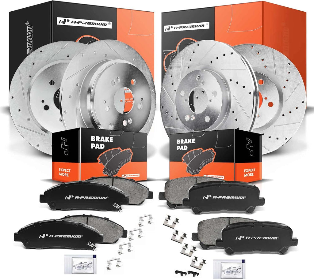 A-Premium Front & Rear Drilled and Slotted Disc Brake Rotors Ceramic Pads Kit Compatible with Honda and Acura Models - Pilot 2009-2015, MDX 2007-2013, ZDX 2010-2013, 12-PC Set