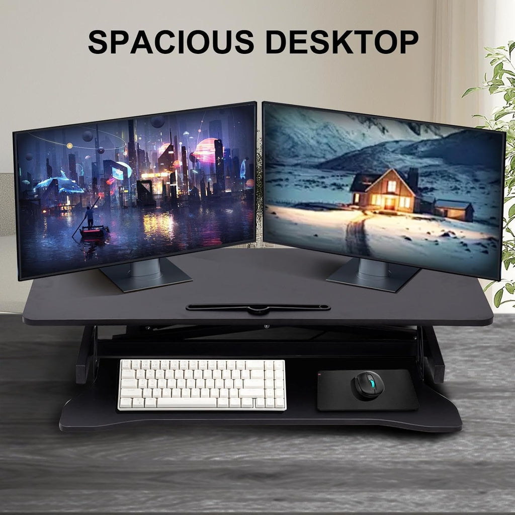 38-inch Standing Desk Converter Height Adjustable Sit to Stand Up Workstation, Duals Monitor and Laptop Riser with Wide Keyboard Tray, for Home, School, Company, Black