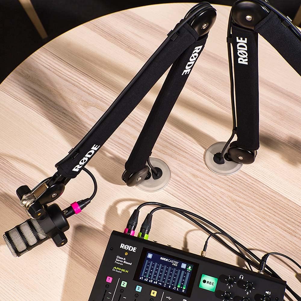 Rode PodMic Dynamic Podcasting Microphones (Pair) with Rode PSA1+ Professional Studio Boom Arms, Studio Graded Headphones, XLR Cables and StreamEye Polishing Cloth