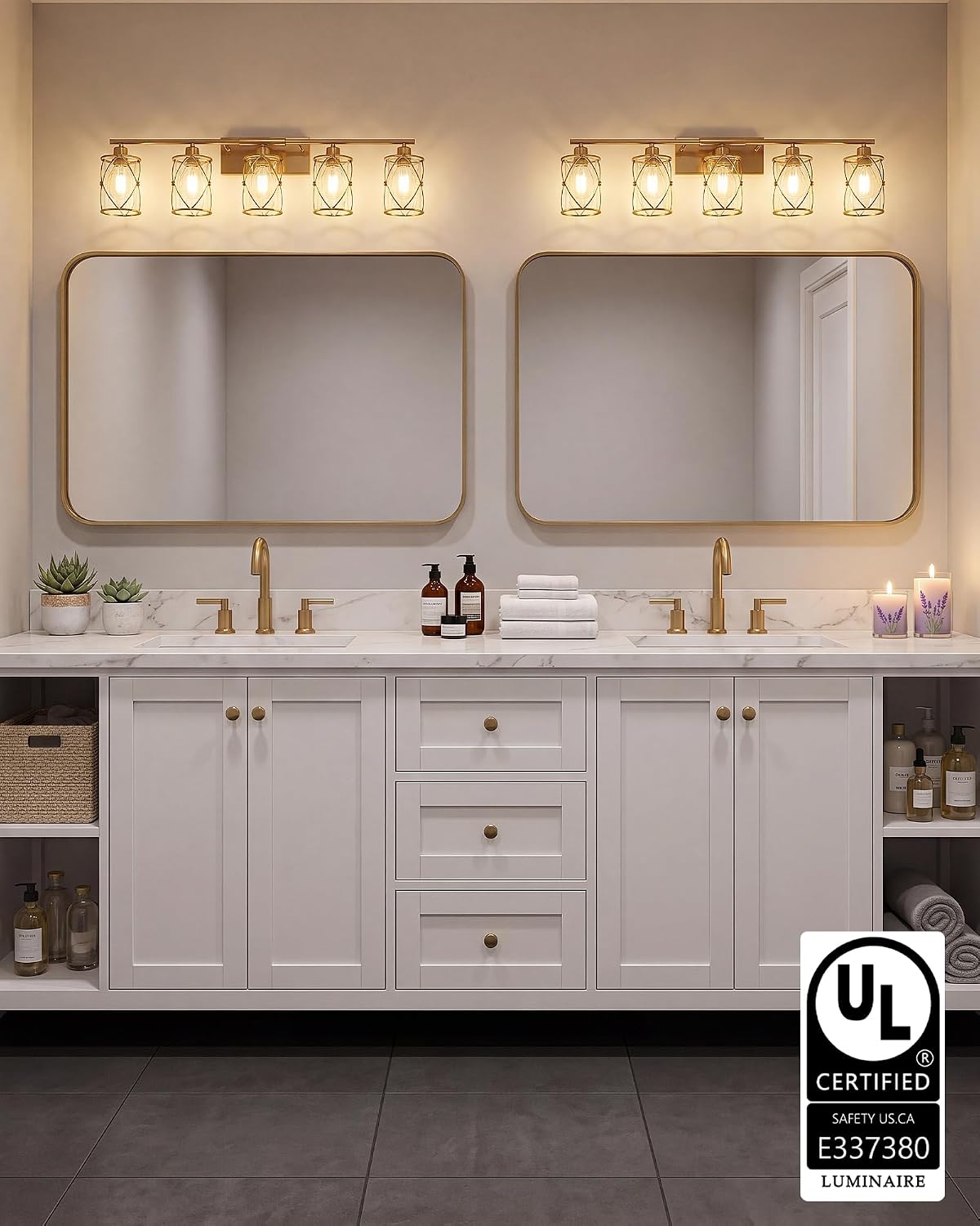 5-Light Brushed Gold Bathroom Light Fixtures Over Mirror, 38' UL-Listed Modern Wall Sconce Lights with Clear Glass and Metal Cage for Bath, Hardwire E26, CH9176BG-5W
