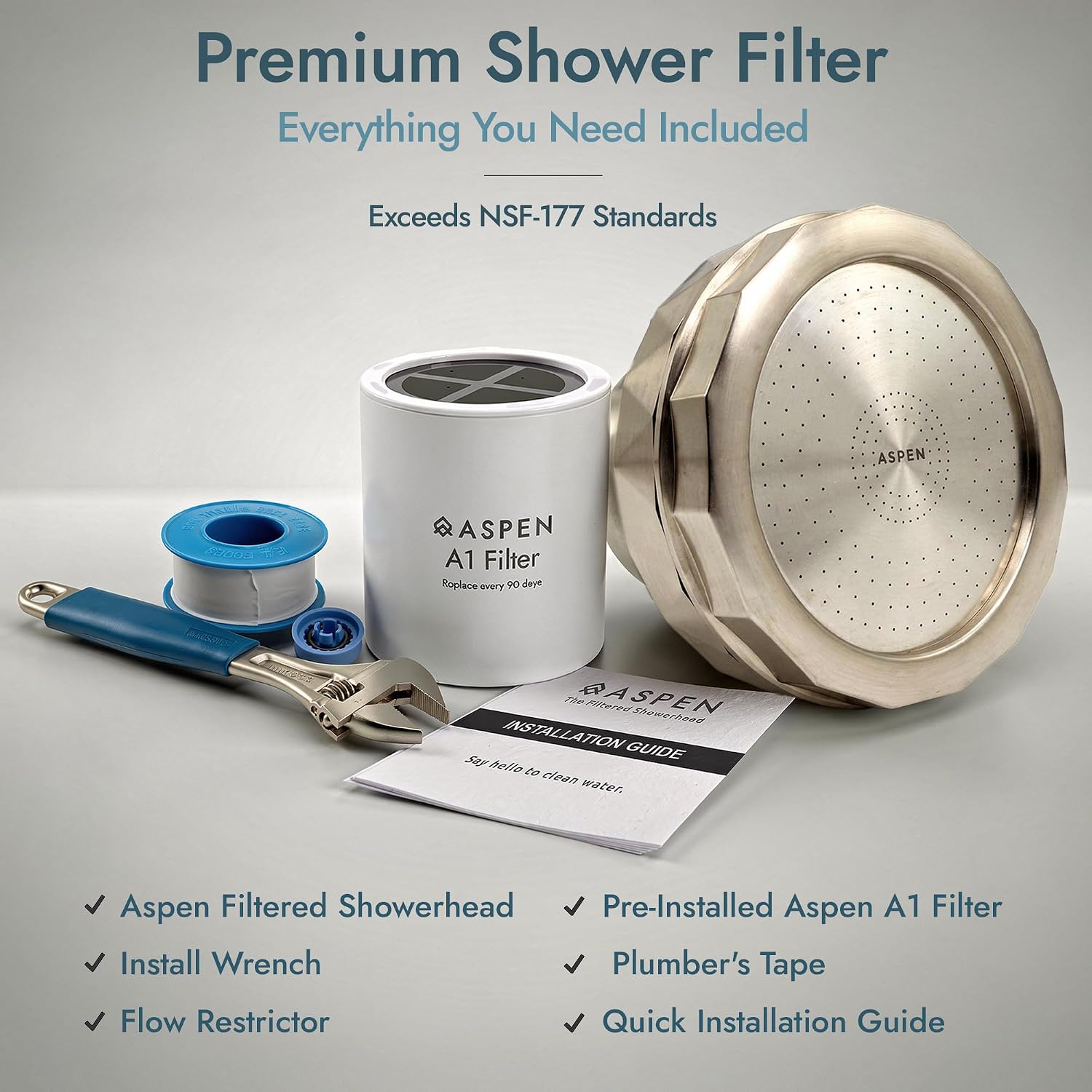 Aspen Filtered Shower Head for Healthy Hair & Skin | Removes Chlorine, Hard Water & Heavy Metals | High Pressure Shower Head with Filter | Water Softener | KDF-55