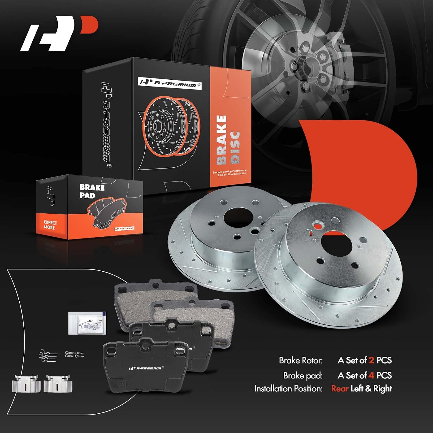 A-Premium 11.92 inch (303mm) Rear Drilled and Slotted Disc Brake Rotors + Ceramic Pads Kit Compatible with Select Toyota Models - RAV4 2004-2005, L4 2.4L, 6-PC Set