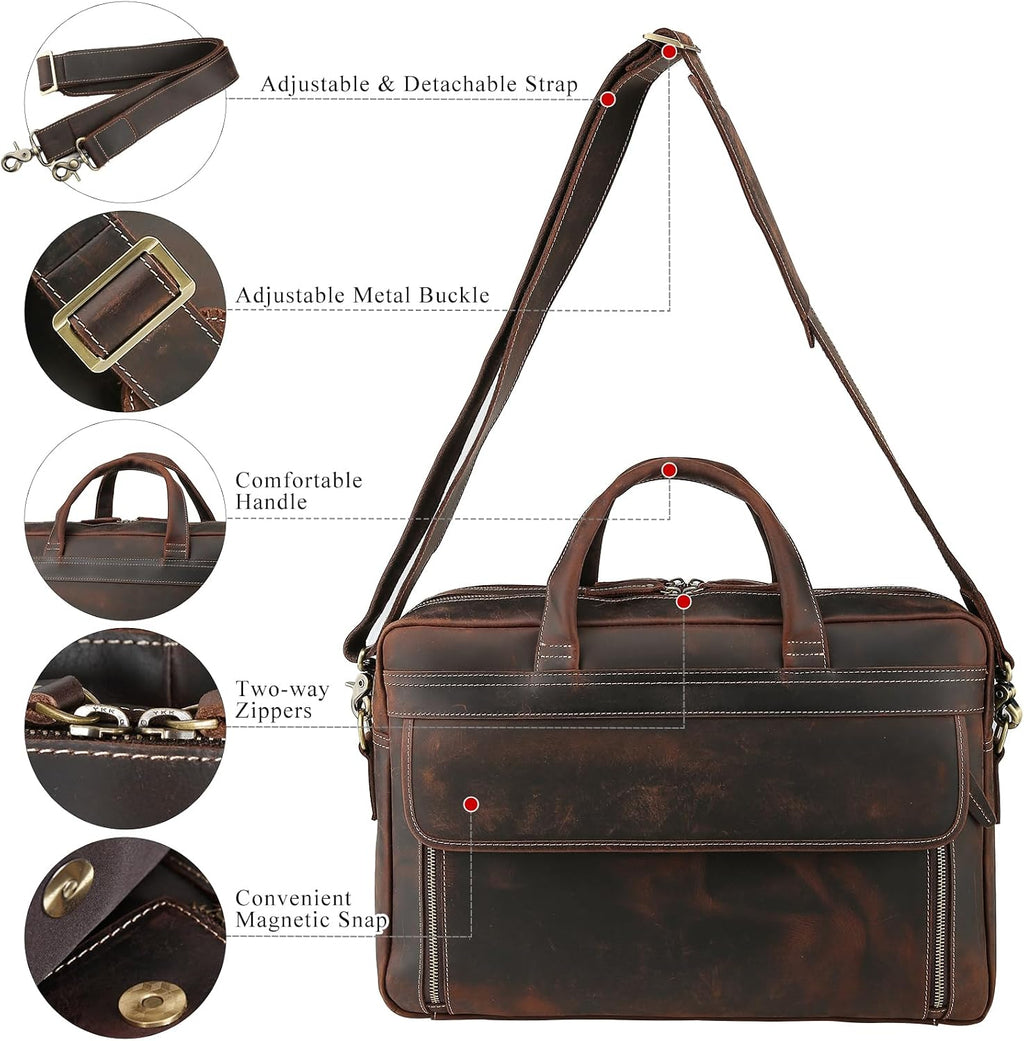 TIDING Leather Business Travel Briefcase for Men, Large 15.6' 17.3' Laptop Crossbody Shoulder Messenger Bag Office Handbag