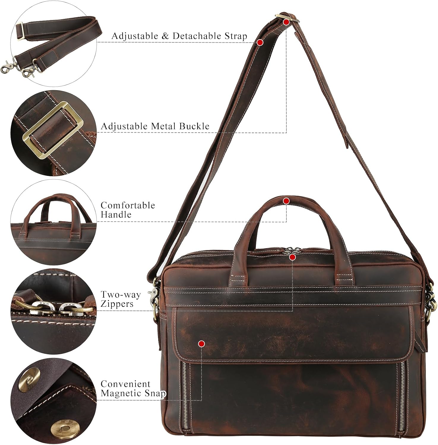 TIDING Leather Business Travel Briefcase for Men, Large 15.6' 17.3' Laptop Crossbody Shoulder Messenger Bag Office Handbag