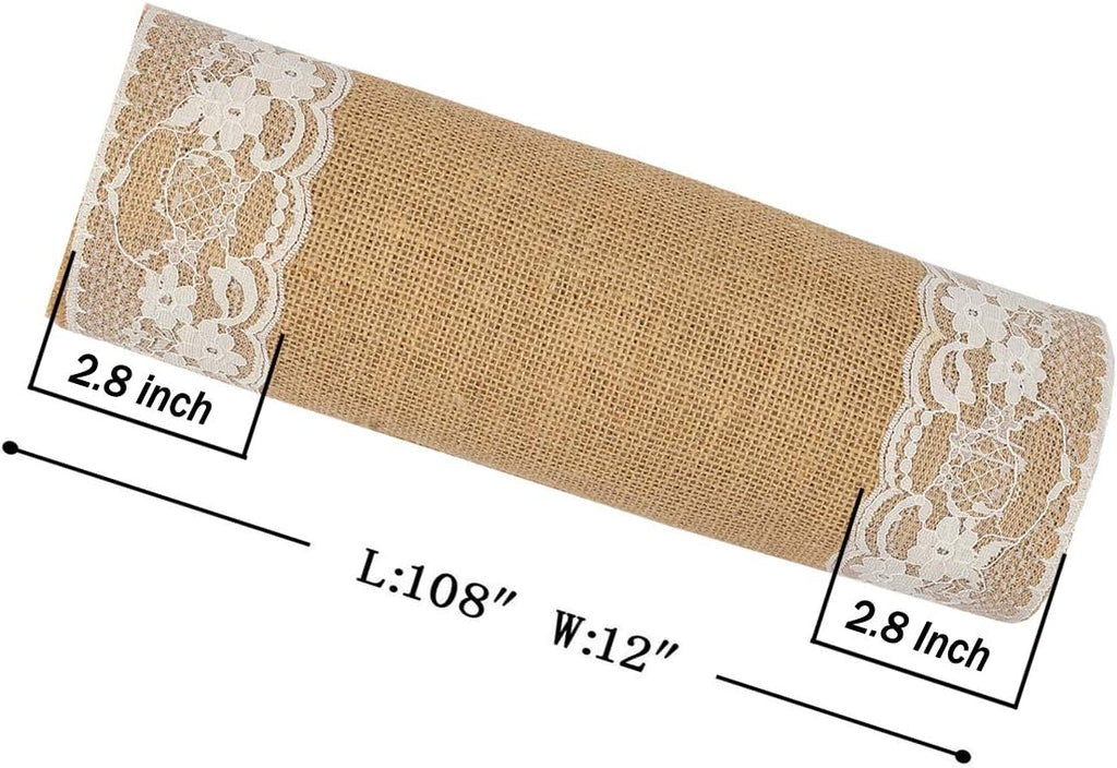 MDS 12 PCS 100% Natural Burlap Table Runners 12' x 108' with Lace, Rustic Farmhouse Country Vintage Boho Jute Runner for Wedding Reception Birthday Party Home Kitchen Dining Coffee Table Decoration