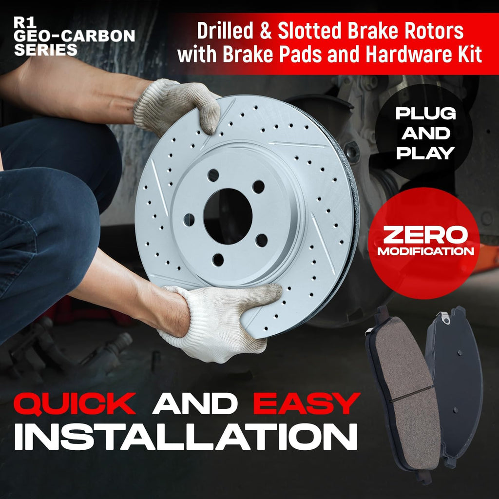 R1 Concepts Front and Rear Brake Kit Fits 2019-2025 Lexus ES300h, ES350, Toyota RAV4; 2019-2022 Lexus UX200| Optimum Oep Pads, Drilled Slotted Rotors| Hardware| 12.0' Front & 11.1' Rear