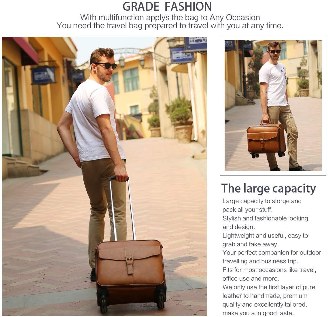 Leathario Leather Rolling Laptop Case Wheeled Briefcase Suitcase Roller Boarding