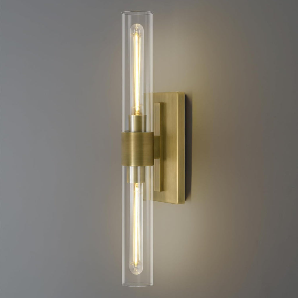 Brass Bathroom Vanity Light, 2-Light Bathroom Wall Sconce Over Mirror, 22.8' Gold Vanity Light for Bathroom, Dimmable Vanity Sconce with Glass Tube, Bathroom Linear Sconce Vertical & Horizontal, 1 PC