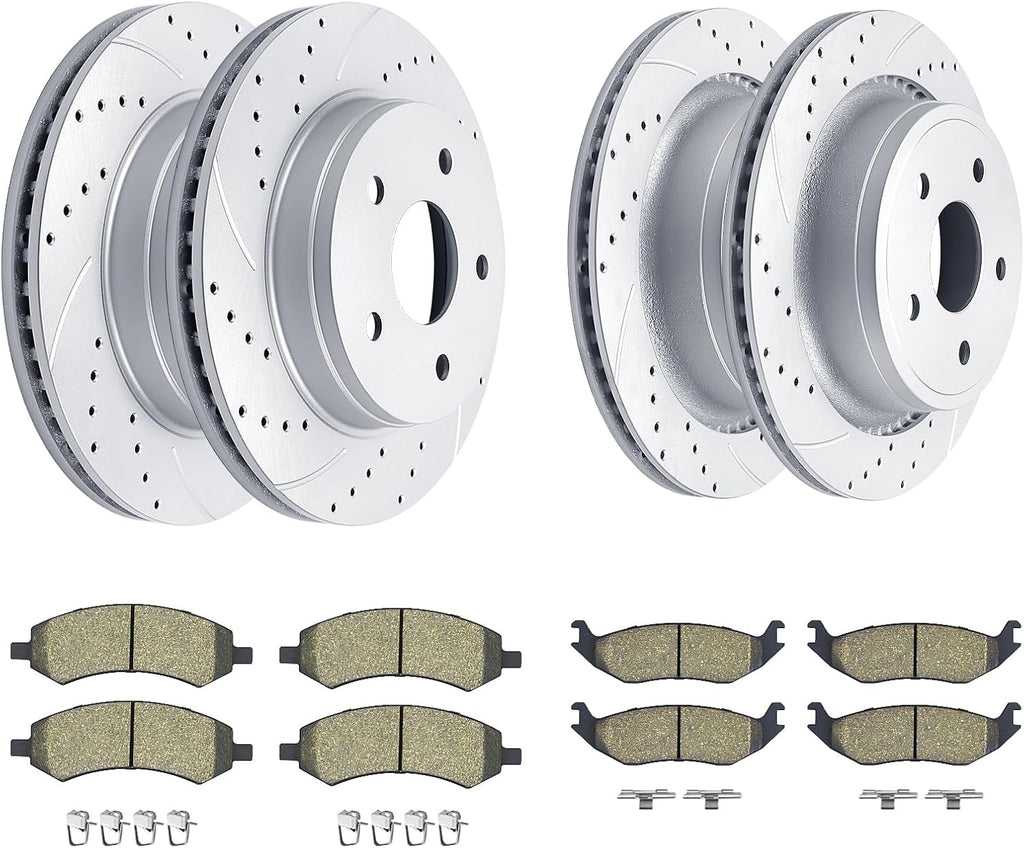 Front and Rear Drilled and Slotted Brake Rotors Ceramic Brake Pads Replacement for Dodge Ram 1500 Durango Chrysler Aspen 5 Lug Models
