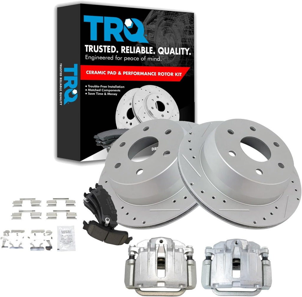 TRQ Performance Rear Brake Pad & Rotor Kit Ceramic Premium G-Coated Slotted X Drilled Compatible with 2003-2006 Chevrolet Silverado 1500 2007 Silverado 1500 Classic GMC Sierra 1500 Sierra 1500 Classic
