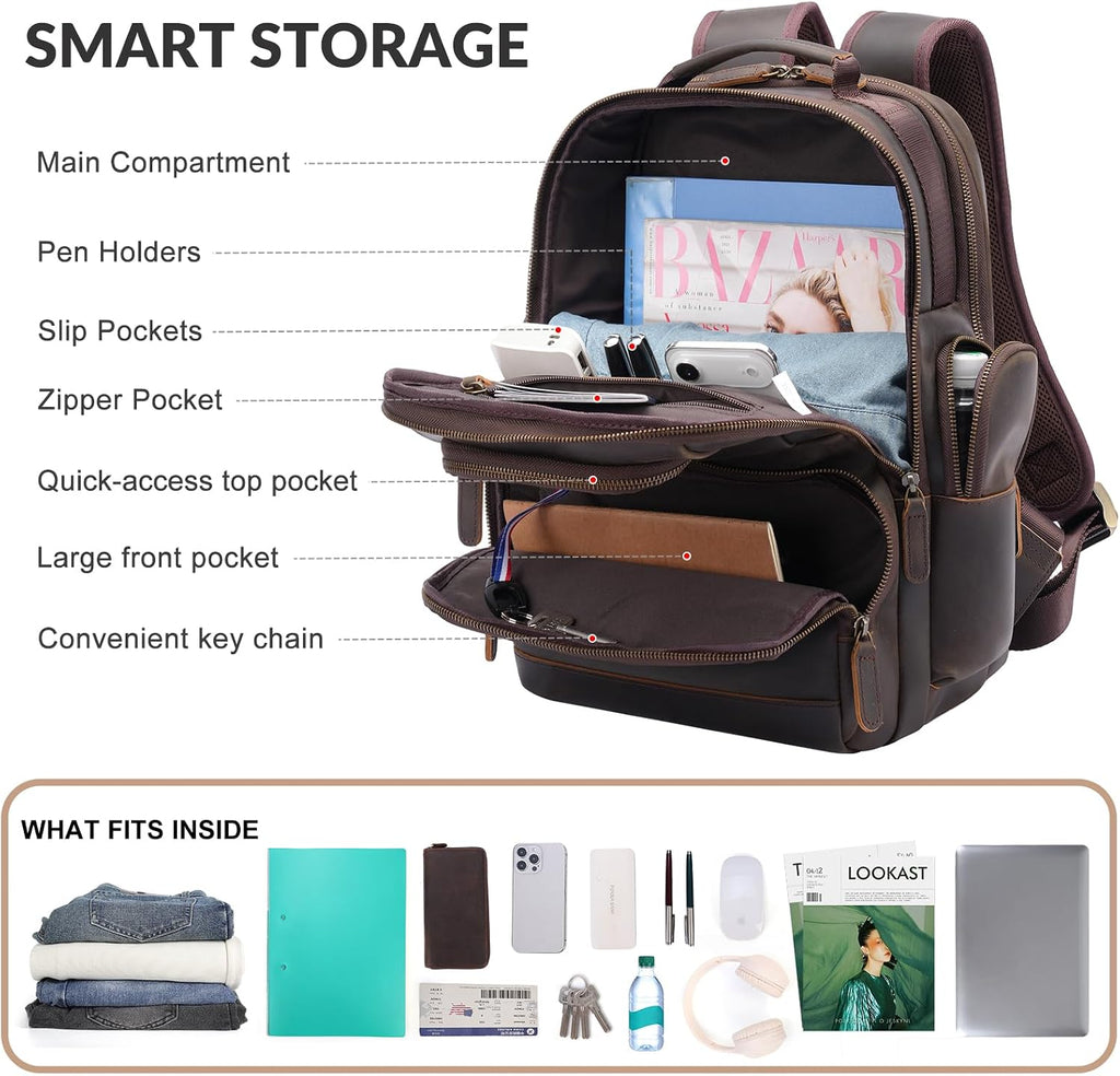 TIDING Men's Vintage Leather Backpack 15.6' Laptop Bag Large Capacity Business Travel Hiking Shoulder Daypacks