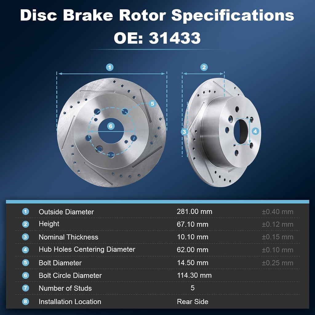 Front & Rear Drilled and Slotted Disc Brake Rotors & Ceramic Brake Pads Kit Fit for Lexus 2007-2012 ES350; for Toyota 2007-2011 Camry, 2008-2012 Avalon #31434 D1293 31433 D1212