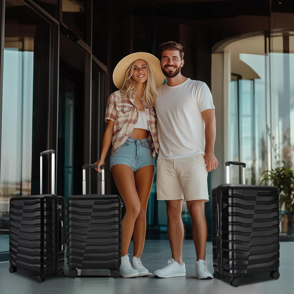 WireHot Lightweight Luggage with Spinner Wheels & YKK Zipper, Hard Shell 3-Piece Suitcase ABS+PC Hardside Luggage Set with TSA Lock for Men Travel, Black (20+24+28 inch)