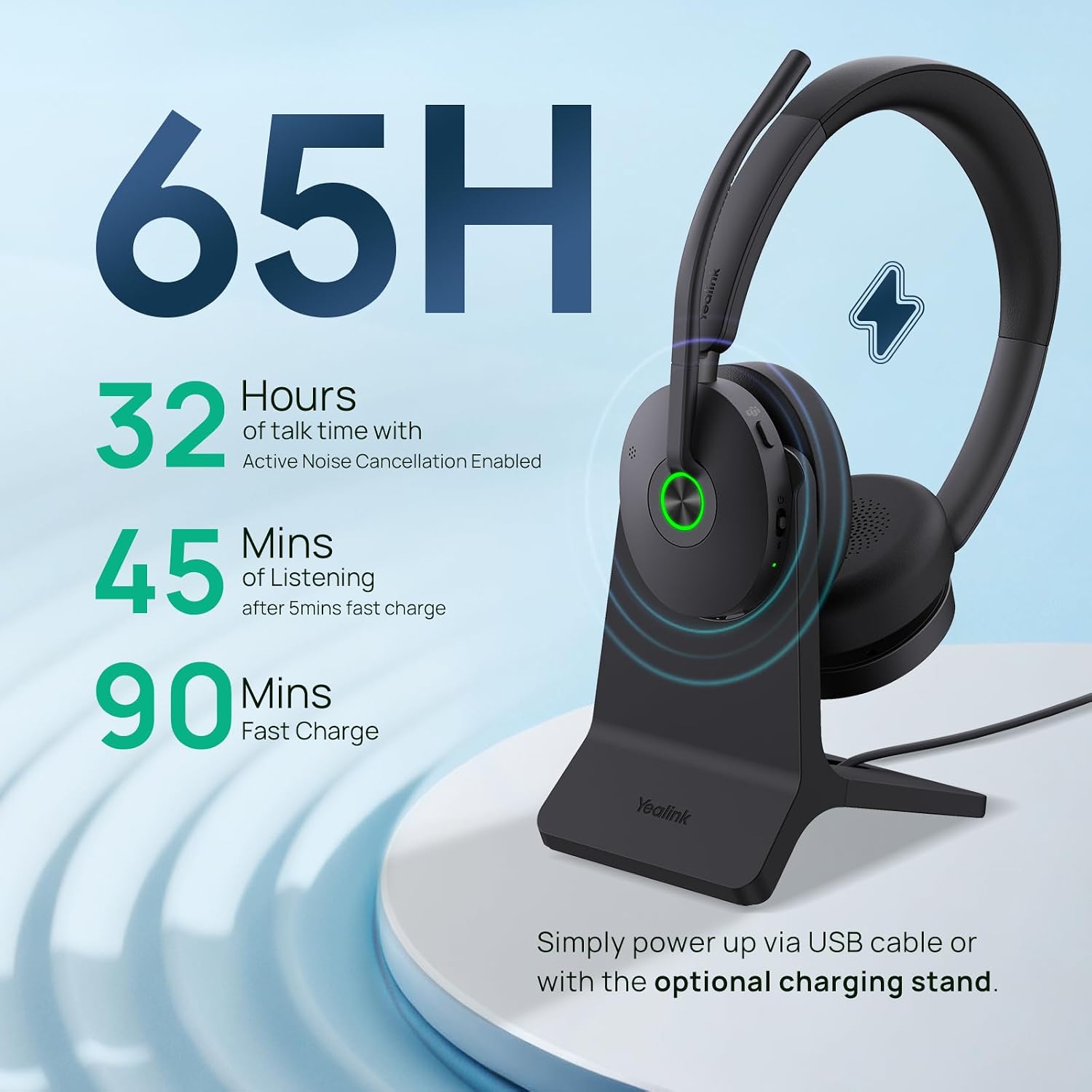 Yealink BH74 UC ANC Bluetooth Headset with Microphone for Hybrid Work, Microsoft Teams Premium Open Ofﬁce Certified Headsets with 6-mics Active Noise Cancellation, Zoom Certified, 65H, Charging Stand
