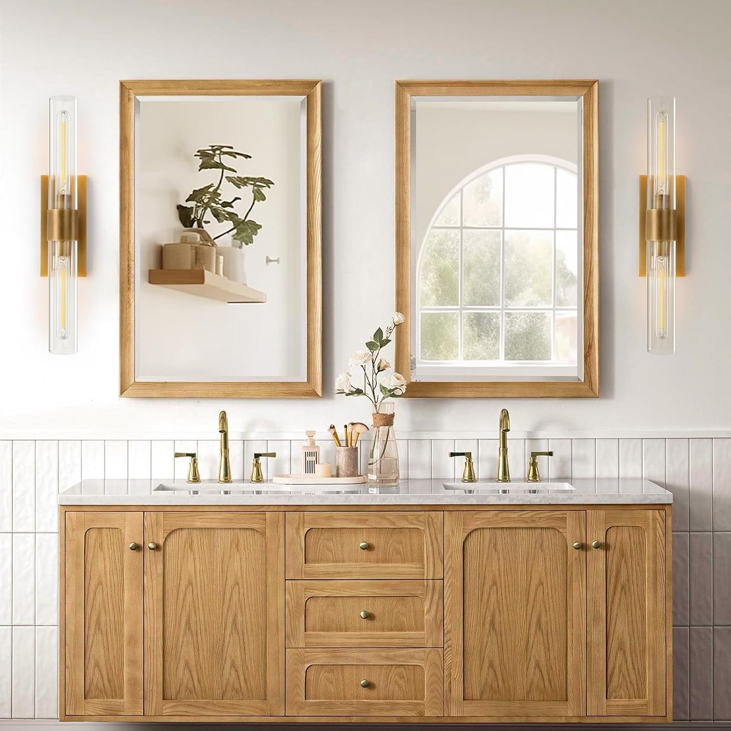 YUYI Brass Wall Sconces Set of Two, 22.8'' Gold Bathroom Sconces Wall Decor with Clear Glass Shade, Indoor Vanity Wall Lights for Bathroom Living Room Bedroom Hallway Fireplace Staircase