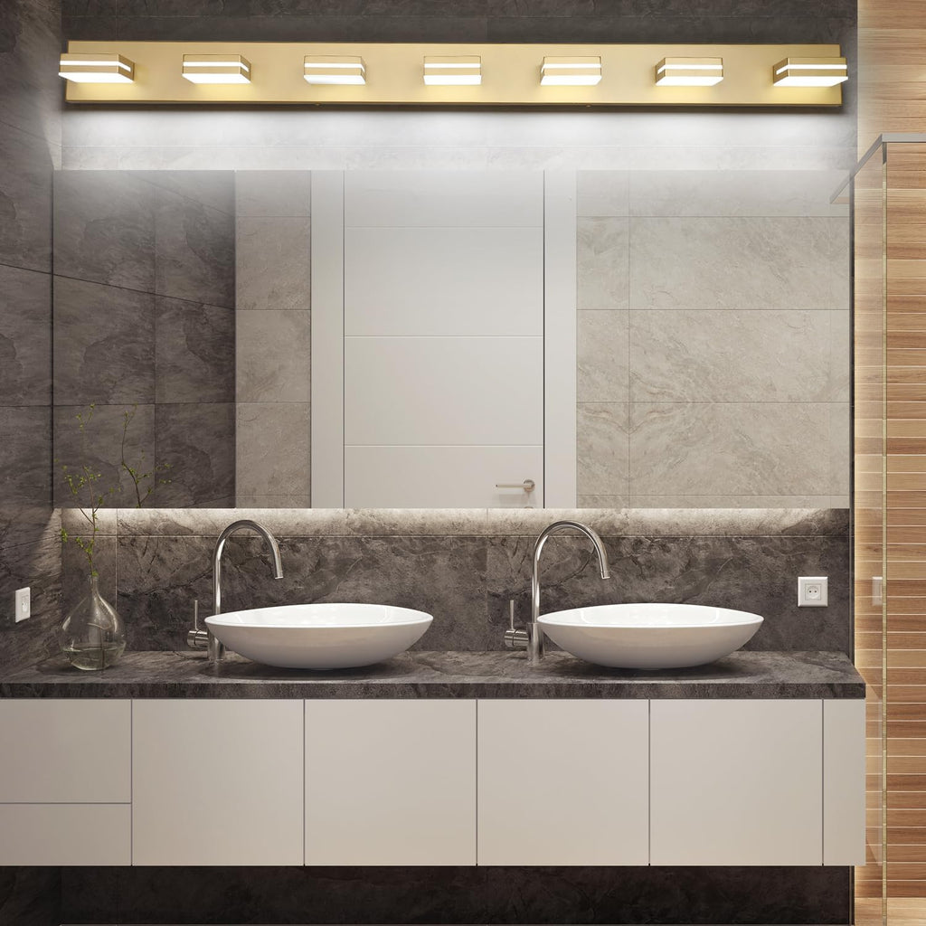 SineRise LED Modern Bathroom Vanity Light Fixtures (7-Light, 55-Inch), Gold Modern Acrylic Bathroom Wall Lighting Fixtures Over Mirror (Cool White 6000K)