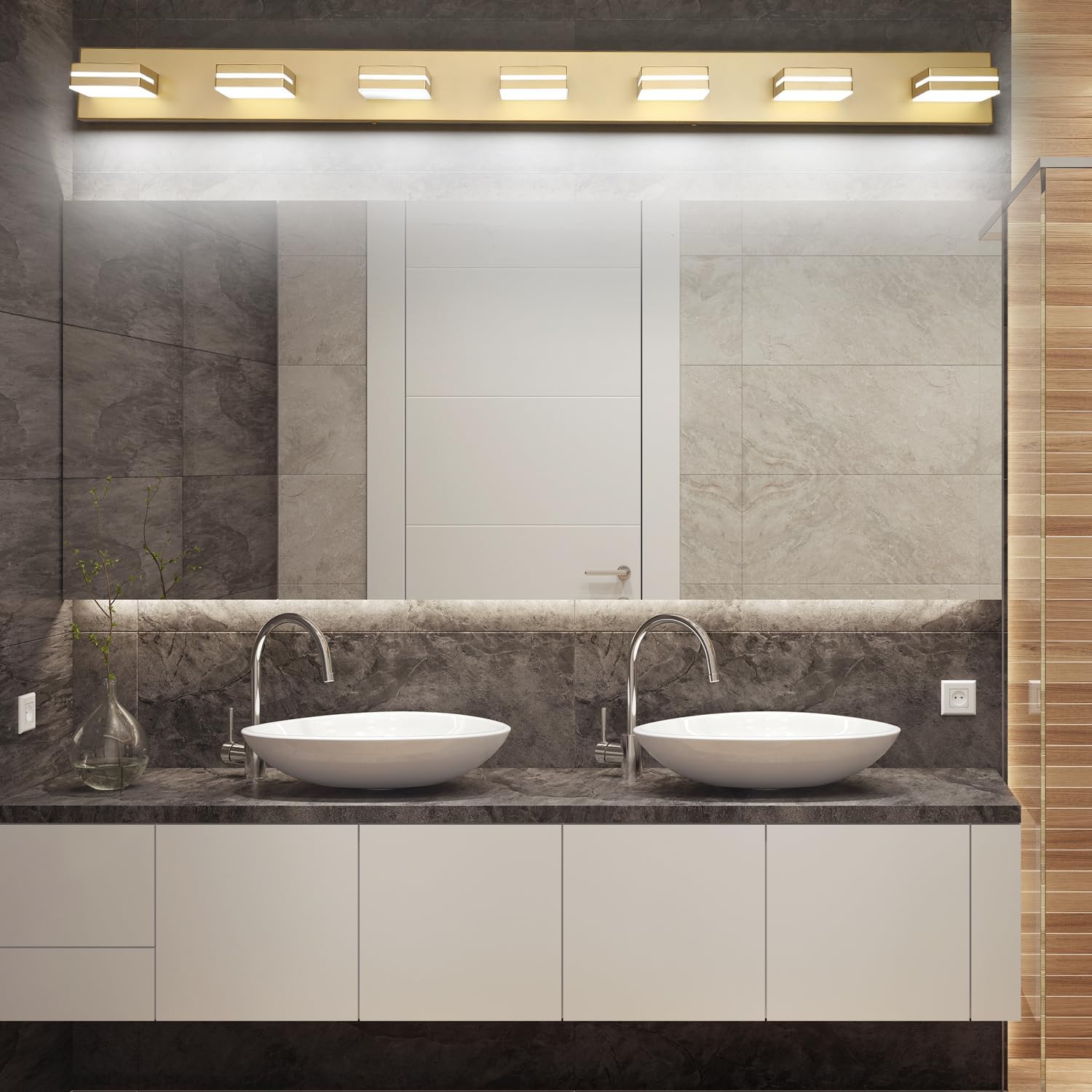 SineRise LED Modern Bathroom Vanity Light Fixtures (7-Light, 55-Inch), Gold Modern Acrylic Bathroom Wall Lighting Fixtures Over Mirror (Cool White 6000K)