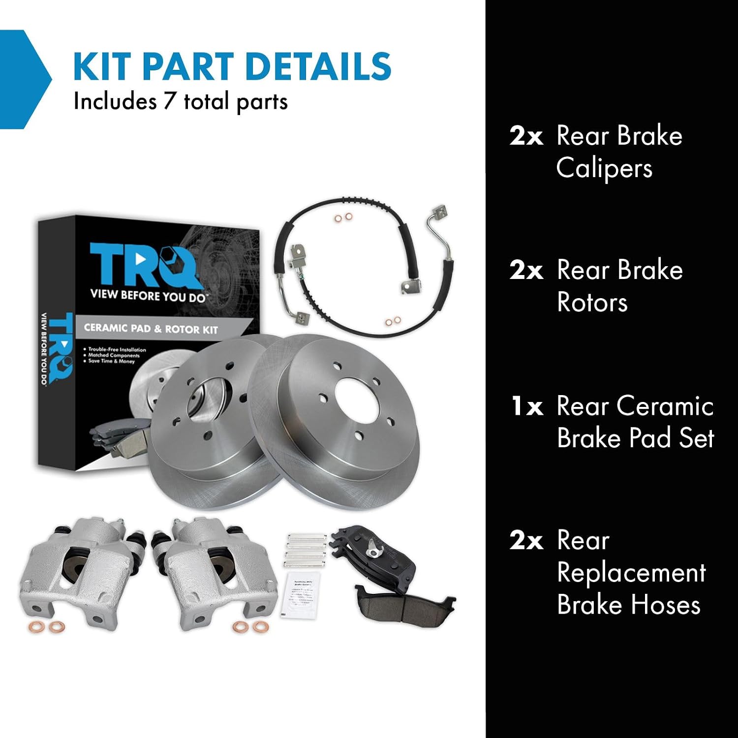 TRQ Rear Brake Pad and Rotor Set Ceramic Rotors Calipers Hoses Compatible with 1997-2001 Ford Expedition 1998-2001 Lincoln Navigator