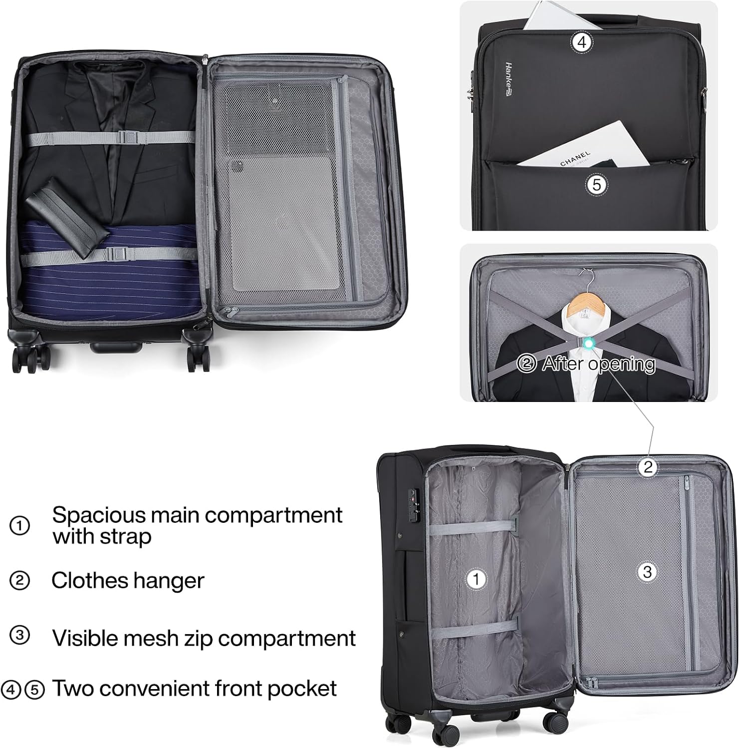 Hanke 24 Inch Luggage Expandable Softside Checked Suitcases with Spinner Wheels, Upright Rolling Luggage Suitcases Travel TSA Luggage Bag for Women Men(Black)