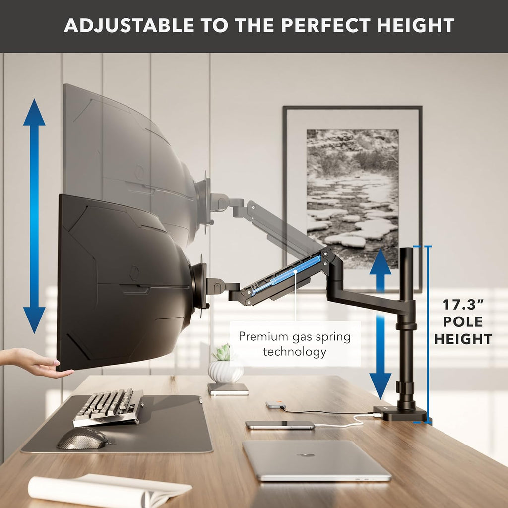 Mount-It! Proflex Series Height-Adjustable Ultrawide Monitor Arm with Pole, Fits 17–49' Screens, Gas Spring, 44 lbs Capacity, USB-C & USB 3.0 Ports, Full Motion, VESA 75/100, Clamp or Grommet
