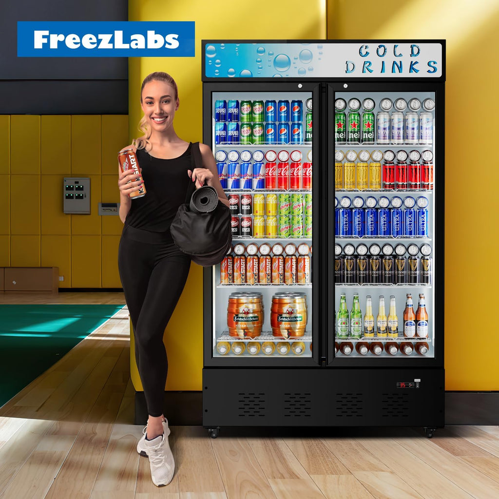 Commercial Glass Door Display Refrigerator 40 Cu.ft Cooler Commercial Display Beverage Refrigerators with LED Light and 10 Shelves for Cafe Restaurant Store Bar