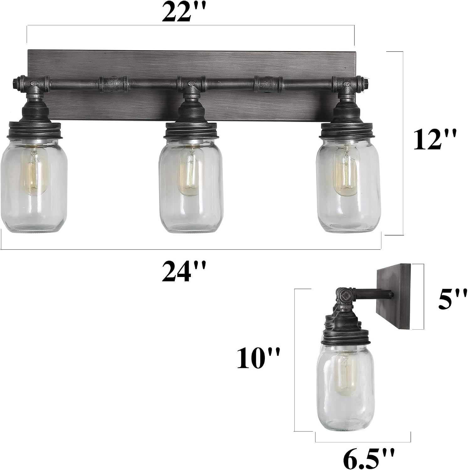 LNC 24'' Large Bathroom Light Fixtures, Industrial 3 Mason Jar Vanity Light with Antique-Silver Brushed Finish