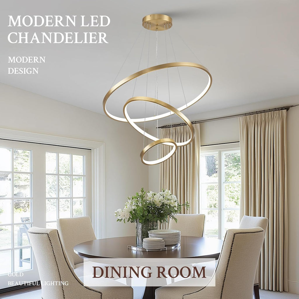 3 Ring Modern LED Chandelier Gold Dimmable Round Chandeliers, LED Circular Pendant Light Fixture with Remote Control for Living Room, Dining Room, Office, Entry, Bedroom
