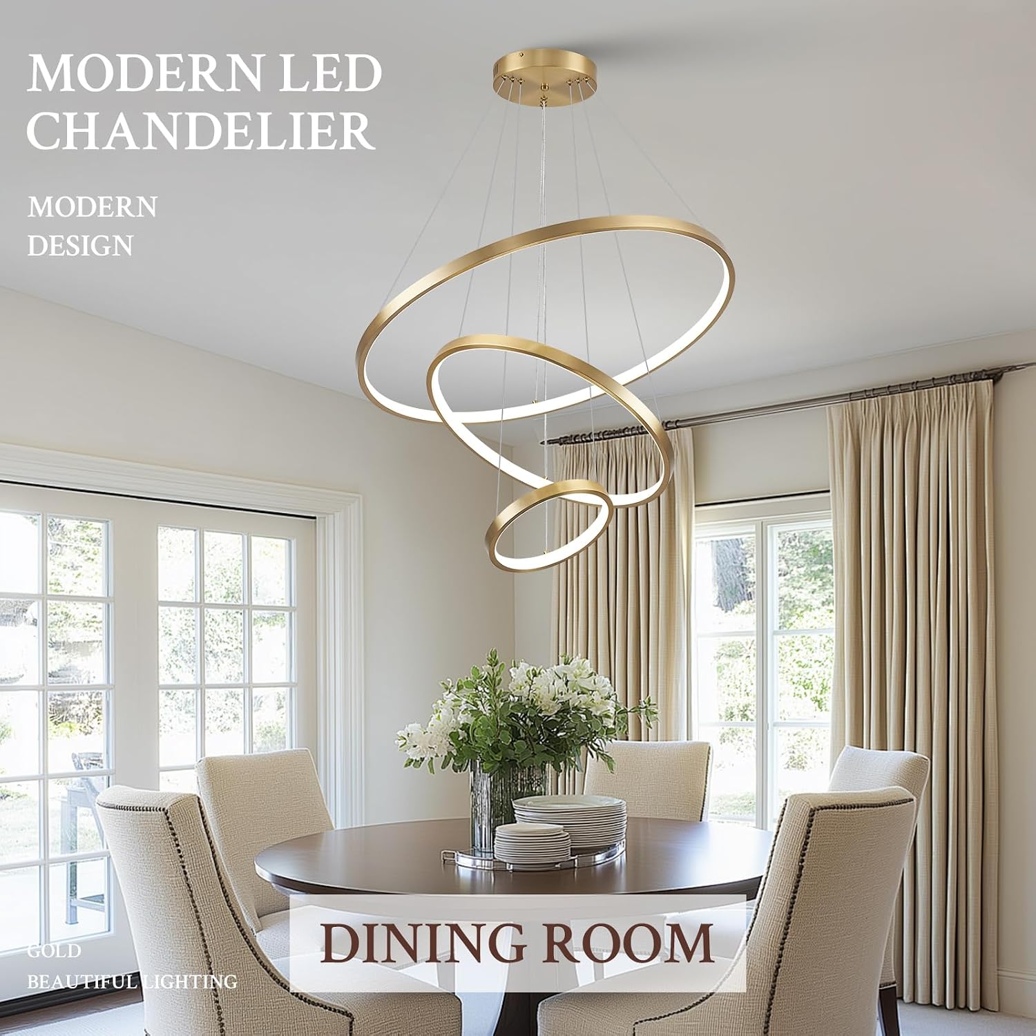 3 Ring Modern LED Chandelier Gold Dimmable Round Chandeliers, LED Circular Pendant Light Fixture with Remote Control for Living Room, Dining Room, Office, Entry, Bedroom