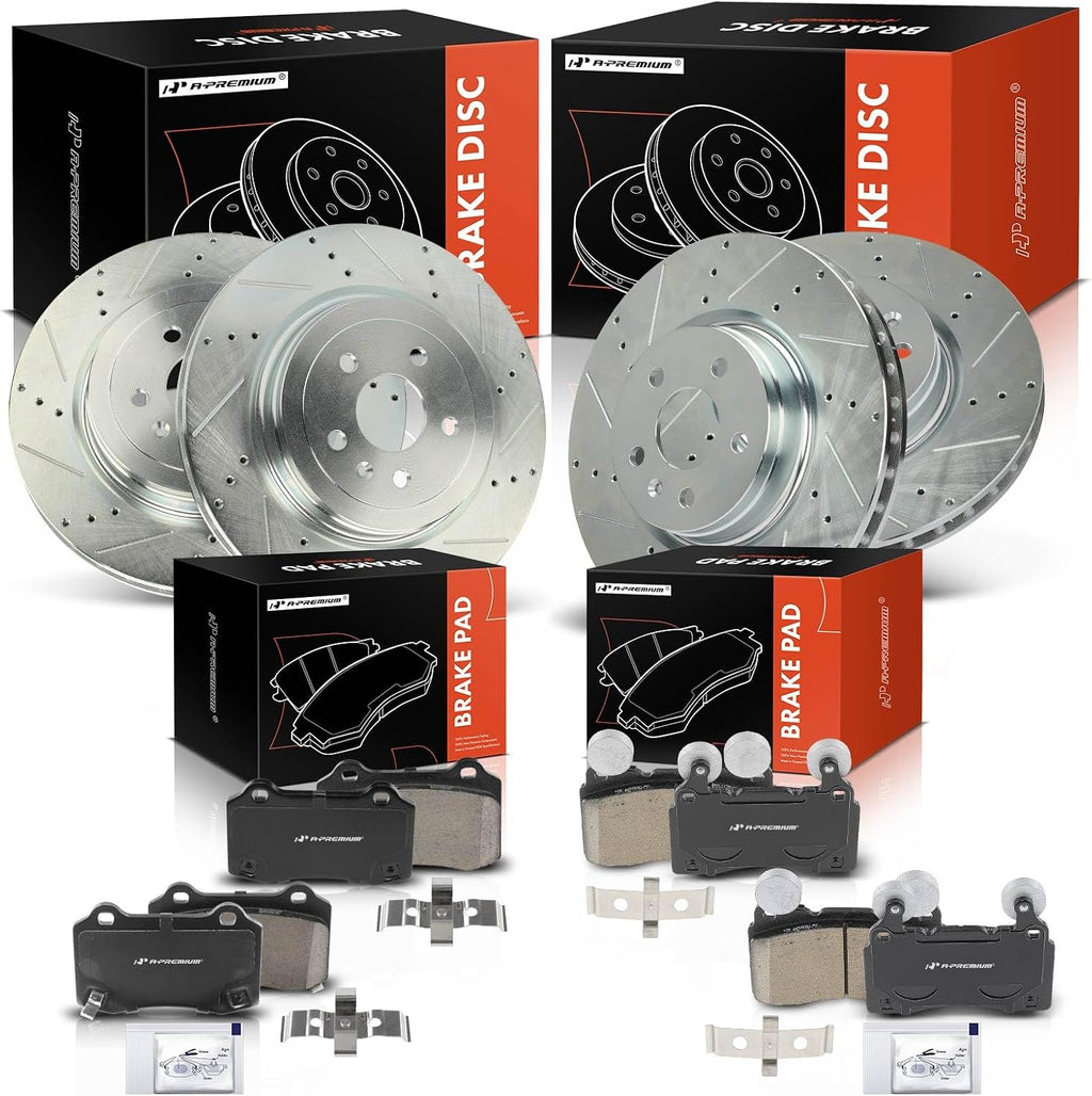 A-Premium Front and Rear Drilled and Slotted Disc Brake Rotors + Ceramic Pads Kit Compatible with Select Tesla Model - Model S 2013 2014 2015 2016, 12-PC Set