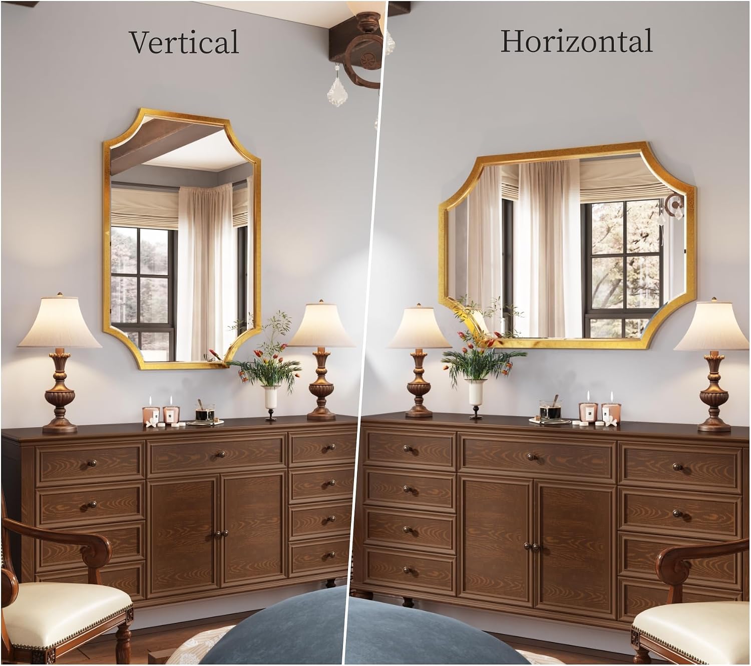 Kelly Miller 24'x36' Gold Foil Metal Scalloped Decorative Wall Mirror | Elegant beveled vanity mirror with wavy edges. Perfect metal frame wall mirror for living room, bathroom & entryway.