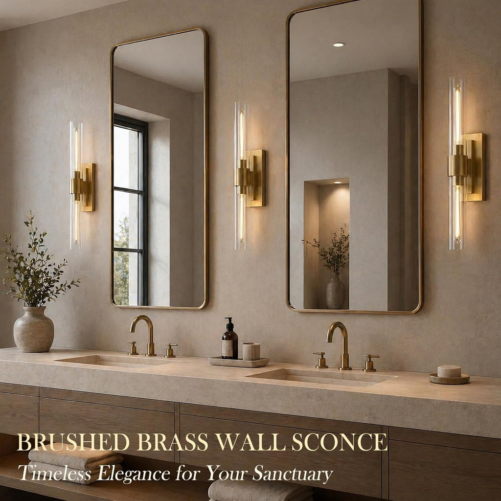 22.8' Brass Wall Sconces Set of 2, Modern Luxury 2-Light Bathroom Vanity Lights with Glass Tube Shade, Dimmable Hardwired Gold Wall Sconce for Bathroom Mirror, Living Room, Hallway (Bulbs Included)