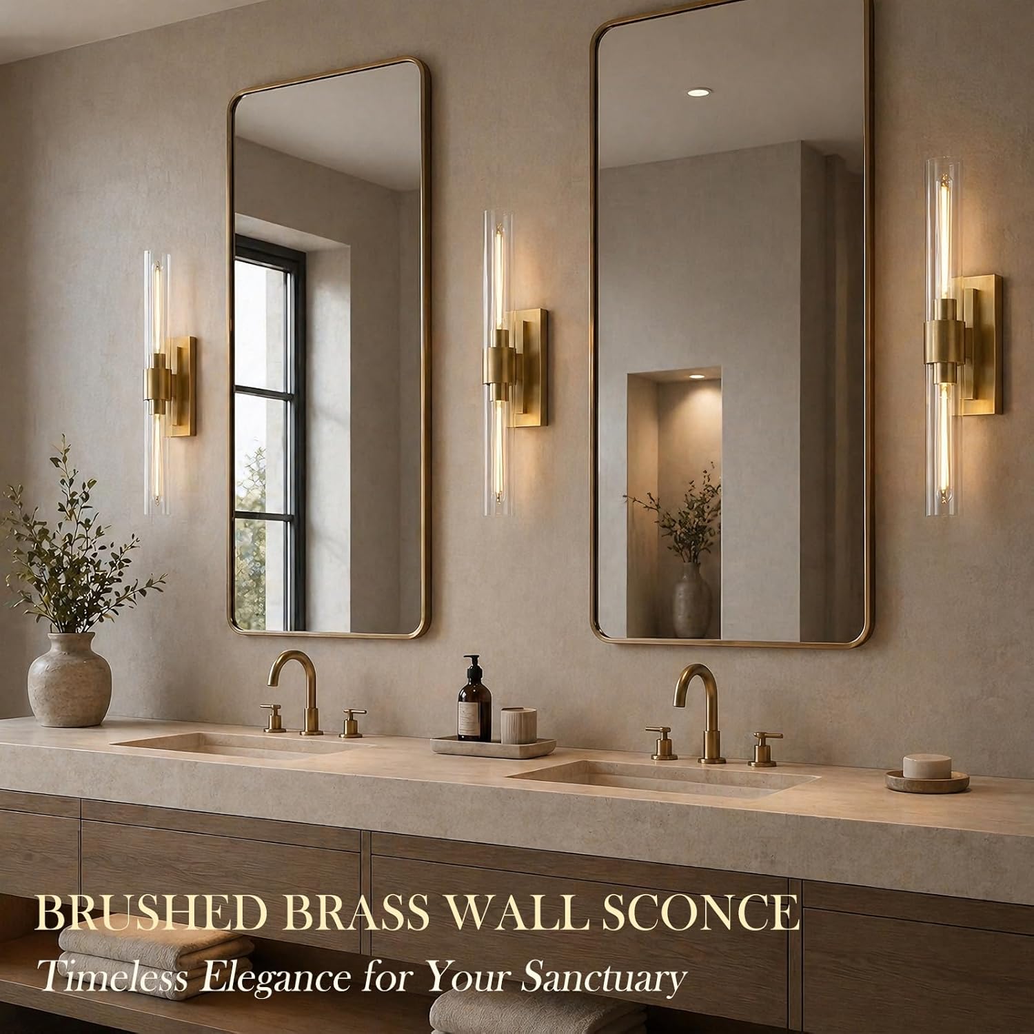 22.8' Brass Wall Sconces Set of 2, Modern Luxury 2-Light Bathroom Vanity Lights with Glass Tube Shade, Dimmable Hardwired Gold Wall Sconce for Bathroom Mirror, Living Room, Hallway (Bulbs Included)